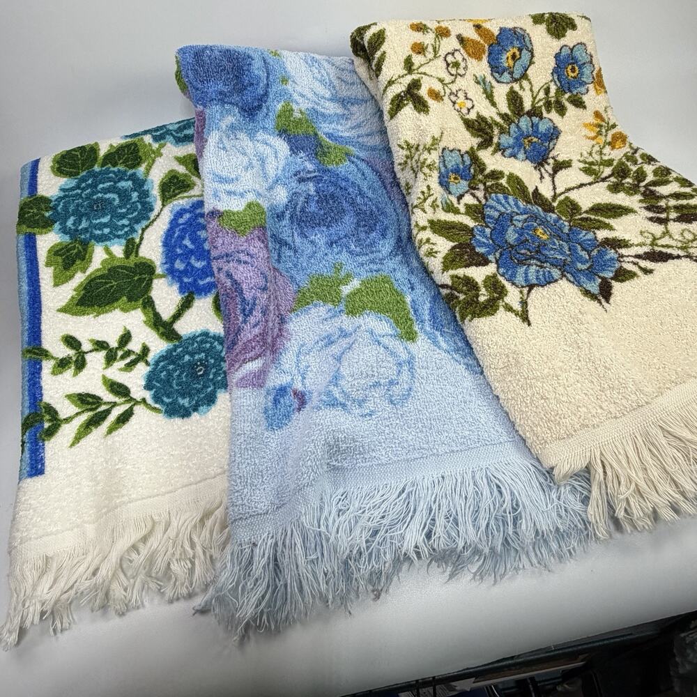 Set 3 Vintage Retro Floral MCM Blue Green Bath Towel Set Fringe USA